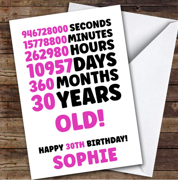 Pink 30th Birthday Card Personalised Seconds Minutes Hours Days