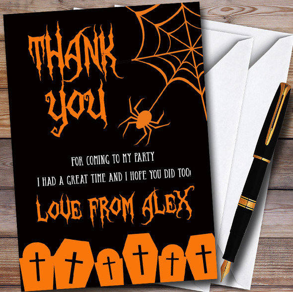 Black & Orange Spider web Personalised Halloween Party Thank You Cards