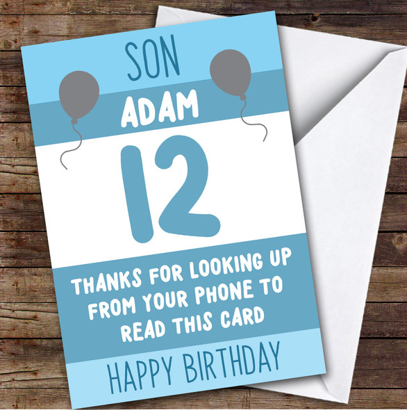 Birthday Card Personalised 12th Son Looking Up From Phone Blue Balloons