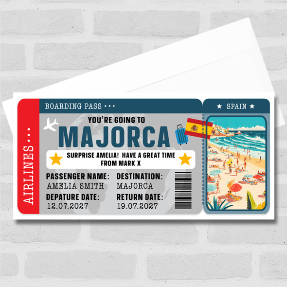 Majorca Beach Boarding Pass Personalised Gift Voucher Surprise Break Trip Ticket