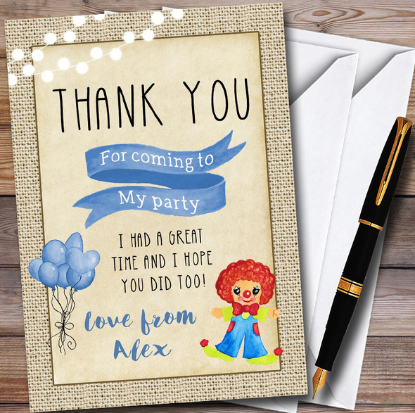 Blue Boys Clown Personalised Childrens Birthday Party Thank You Cards