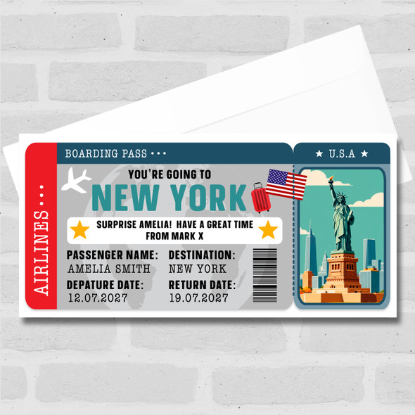 New York Usa Boarding Pass Personalised Gift Voucher Surprise Break Trip Ticket