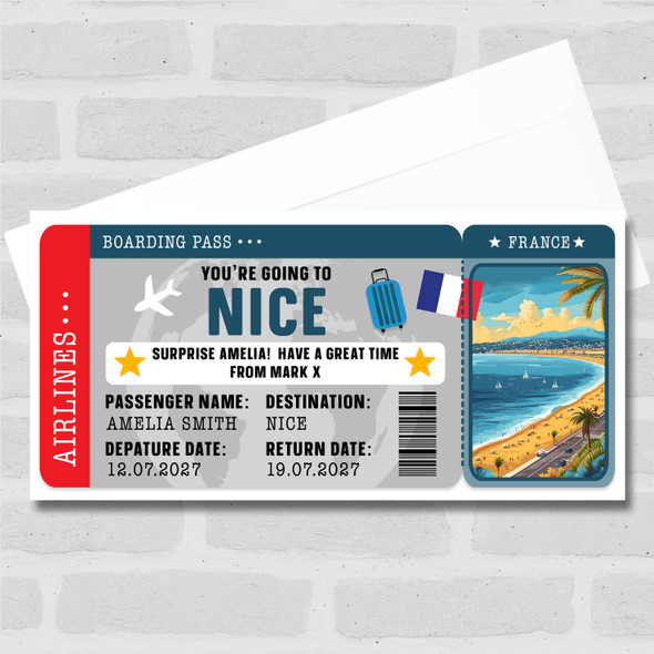 Nice France Beach Boarding Pass Personalised Gift Voucher Surprise Trip Ticket