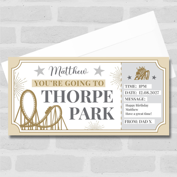 Theme Park Thorpe Park Gold Stars Personalised Gift Voucher Surprise Ticket