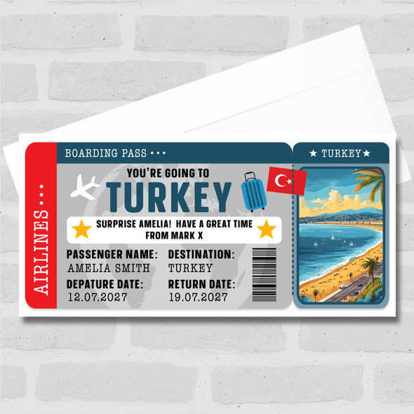 Turkey Beach Boarding Pass Personalised Gift Voucher Surprise Break Trip Ticket