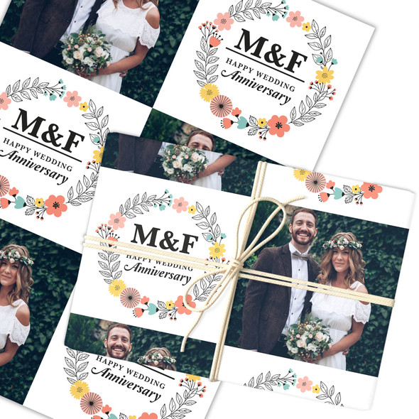 Personalised Wrapping Paper Wedding Anniversary Name Initial Floral Wreath Photo
