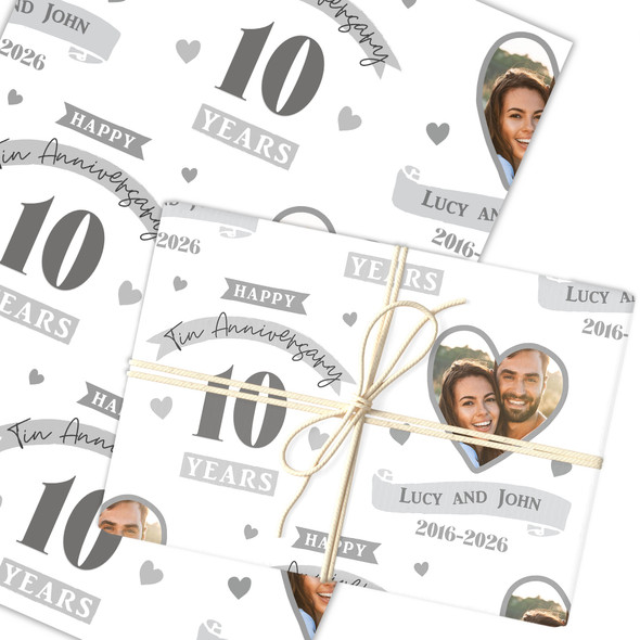 Personalised Wrapping Paper 10th Wedding Anniversary 10 Year Photo Tin Heart
