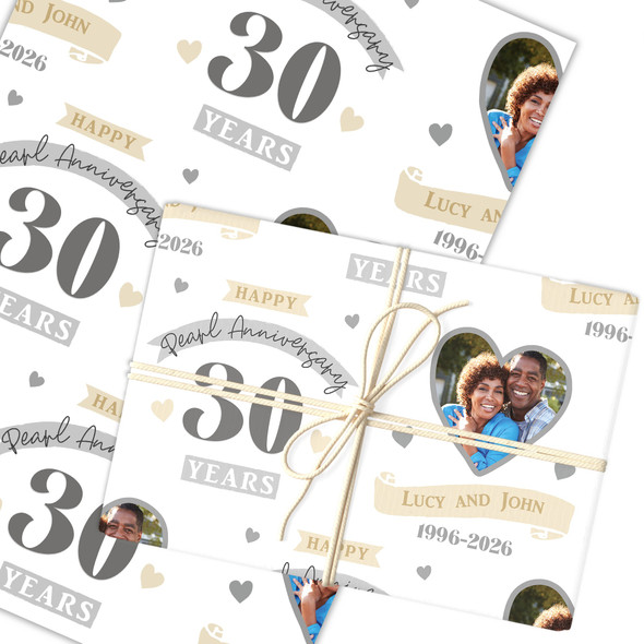 Personalised Wrapping Paper 30th Wedding Anniversary 30 Year Photo Pearl Heart