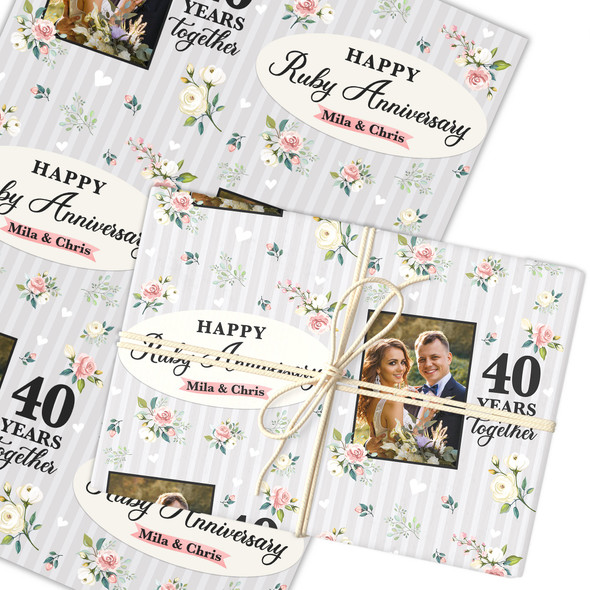 Personalised Wrapping Paper 40th Ruby Wedding Anniversary Floral Photo Gift Wrap