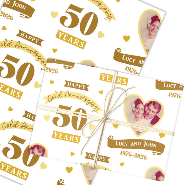 Personalised Wrapping Paper 50th Wedding Anniversary 50 Year Photo Gold Heart