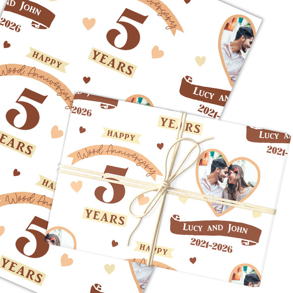 Personalised Wrapping Paper 5th Wedding Anniversary 5 Year Photo Wood Heart
