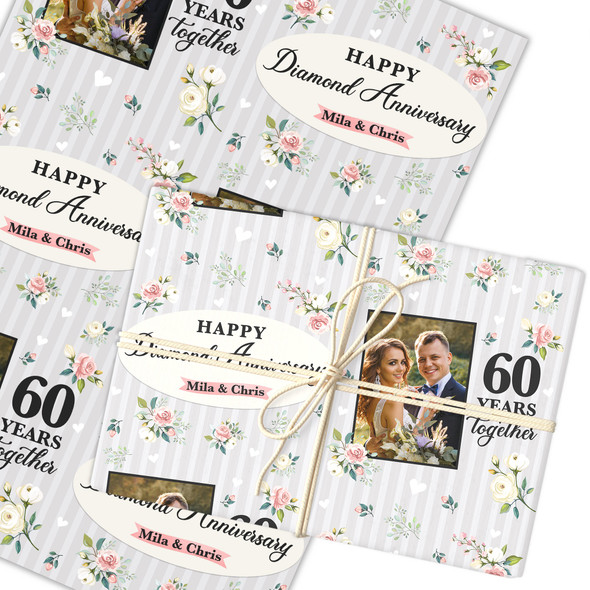 Personalised Wrapping Paper 60th Diamond Wedding Anniversary Photo Gift-Wrap
