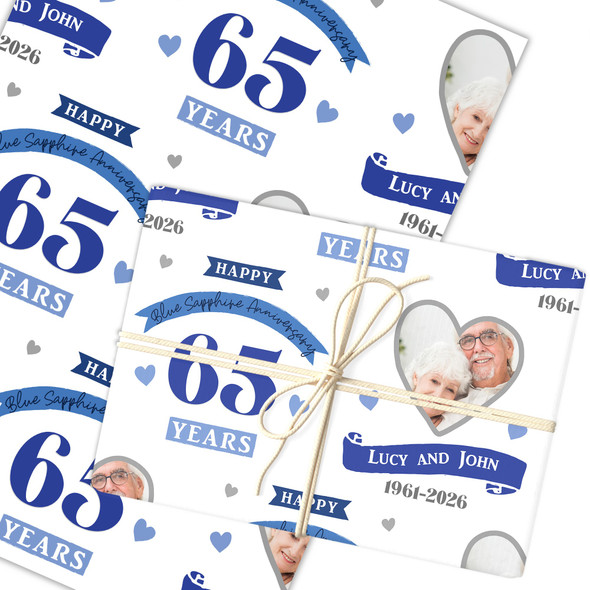 Personalised Wrapping Paper 65th Wedding Anniversary 65 Year Photo Blue Sapphire