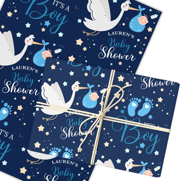 Personalised Wrapping Paper Baby Shower Gender Reveal It's A Boy Blue Stork Baby