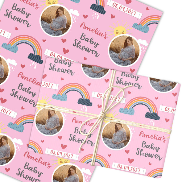 Personalised Wrapping Paper Baby Shower Photo Pink Rainbow Sunshine Gift Wrap