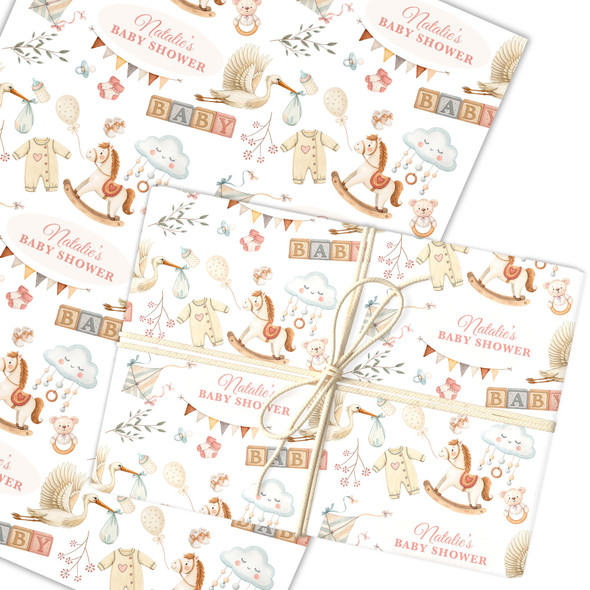Personalised Wrapping Paper Baby Shower Watercolour Stork Custom Gift Wrap