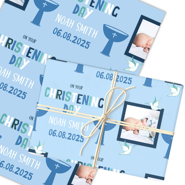 Personalised Wrapping Paper Christening Day Boy Photo Font Blue Custom Gift Wrap