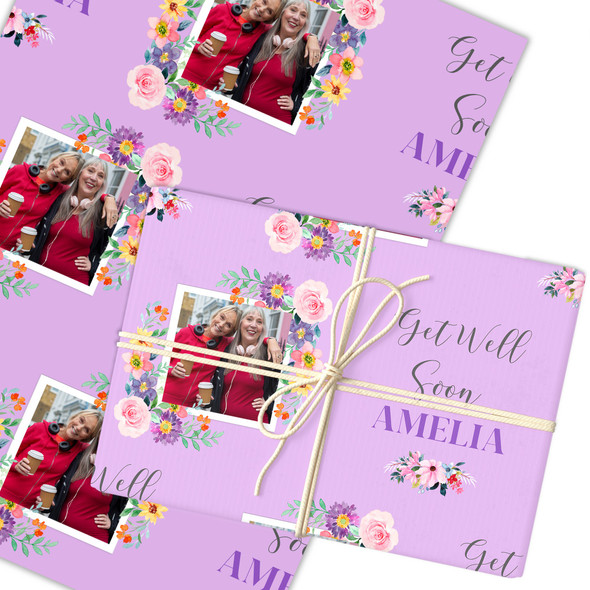 Personalised Wrapping Paper Get Well Soon Female Photo Flower Purple Gift Wrap