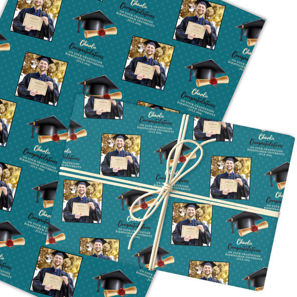 Personalised Wrapping Paper Graduation Male Him Turquoise Graduation Hat Photo