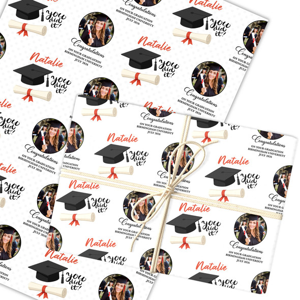 Personalised Wrapping Paper Graduation You Did It Hat Round Photo Gift Wrap