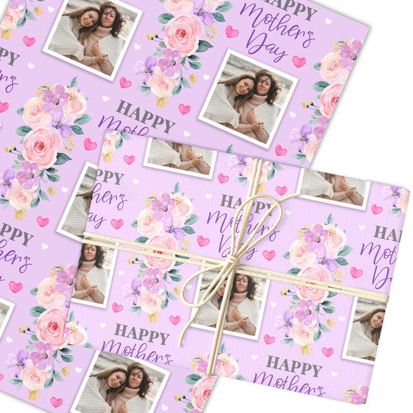 Personalised Wrapping Paper Mother's Day Photo Purple Flowers Heart Gift Wrap
