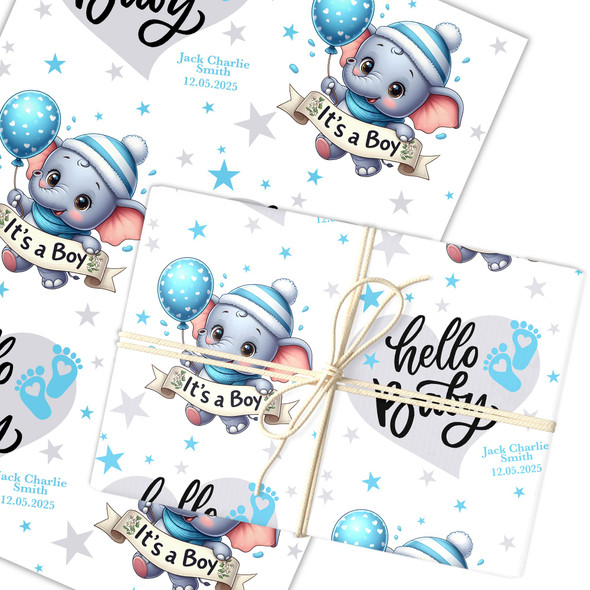 Personalised Wrapping Paper New Baby Blue Baby Boy Elephant Hello Gift Wrap