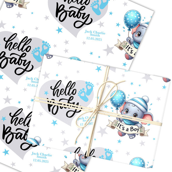 Personalised Wrapping Paper New Baby Blue Elephant Hello Baby Boy Gift Wrap