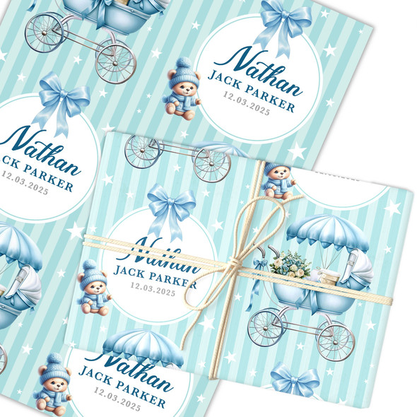 Personalised Wrapping Paper New Baby Blue Retro Baby Boy Pram Custom Gift Wrap