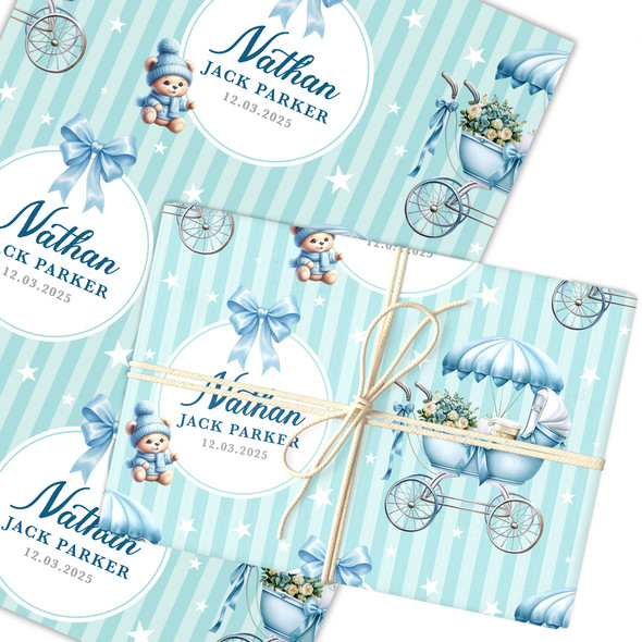 Personalised Wrapping Paper New Baby Blue Retro Baby Boy Custom Gift Wrap