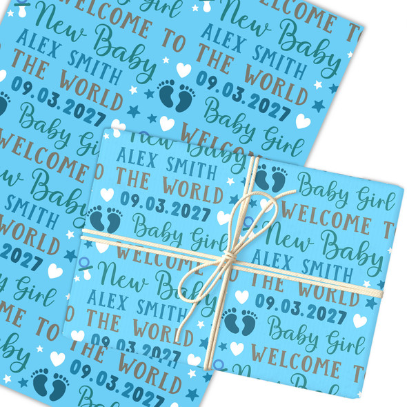 Personalised Wrapping Paper New Baby Boy Blue Footprints Custom Gift Wrap