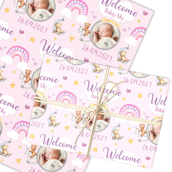 Personalised Wrapping Paper New Baby Girl Photo Pink Welcome Teddy Gift Wrap