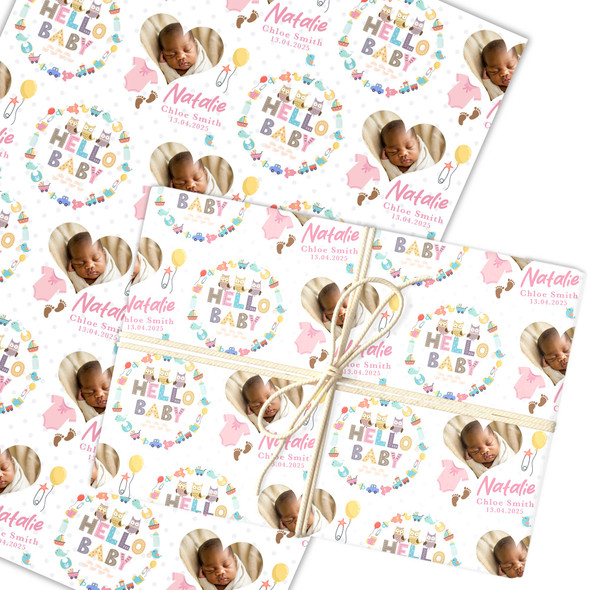 Personalised Wrapping Paper New Baby Pink Hello Baby Girl Photo Custom Gift Wrap