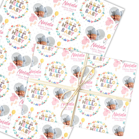 Personalised Wrapping Paper New Baby Pink Hello Heart Photo Baby Girl Gift Wrap