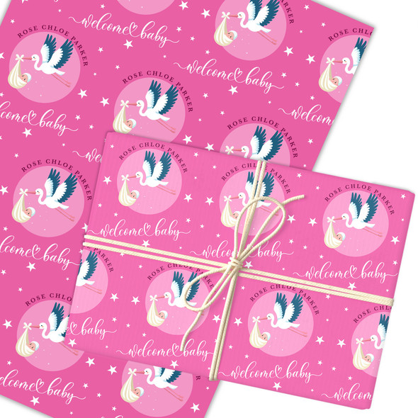 Personalised Wrapping Paper New Baby Stork Pink Baby Girl Custom Gift Wrap