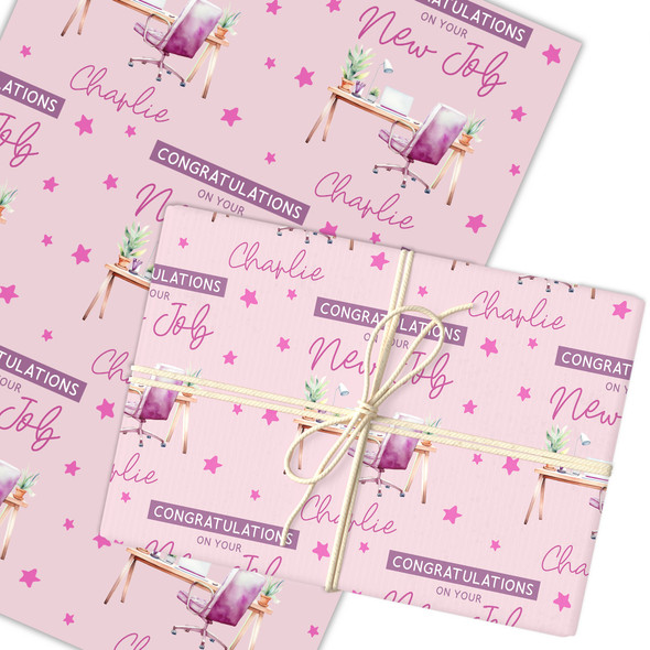 Personalised Wrapping Paper New Job Congratulations Female Pink Desk Office Job