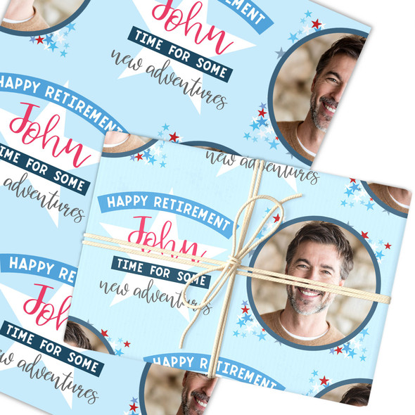 Personalised Wrapping Paper Retirement Male Photo Blue Stars Custom Gift Wrap