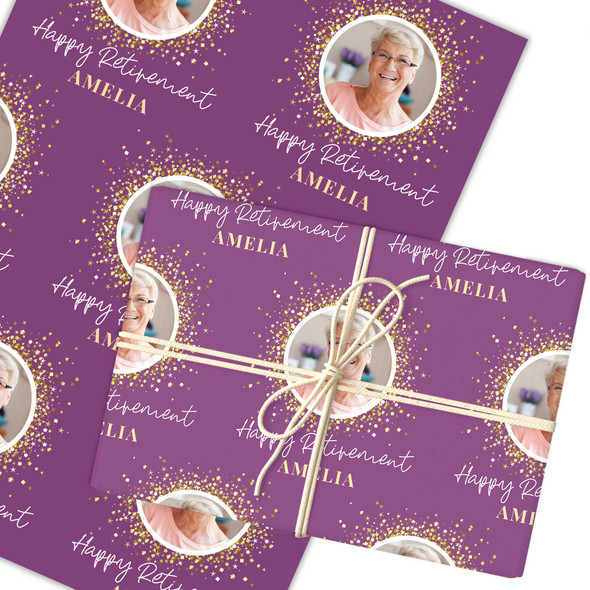 Personalised Wrapping Paper Retirement Photo Confetti Purple Gold Gift Wrap