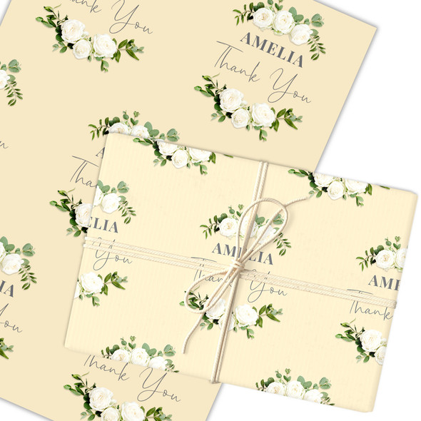 Personalised Wrapping Paper Thank You White Flowers Cream Custom Gift Wrap