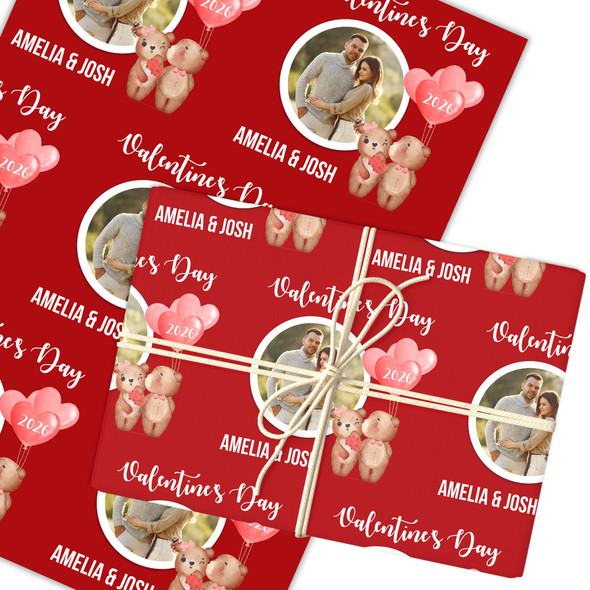 Personalised Wrapping Paper Valentine's Day Photo Bear Couple Heart Balloon Red