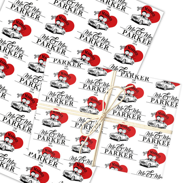 Personalised Wrapping Paper Wedding Day Mr & Mrs Red Heart Just Married Car