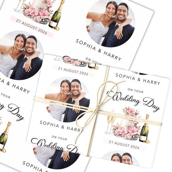 Personalised Wrapping Paper Wedding Day Wedding Pink Floral Cake Round Photo