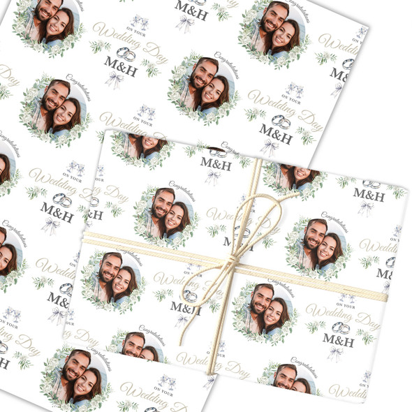Personalised Wrapping Paper Wedding Day White Floral Wedding Rings Round Photo