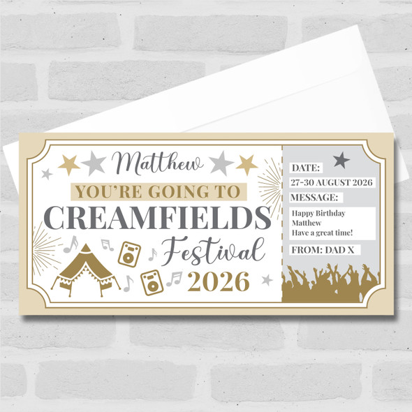 Creamfields Festival Stars Gold Personalised Gift Voucher Surprise Ticket