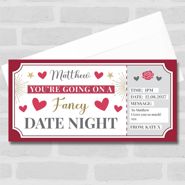 Fancy Date Night Hearts Red Personalised Gift Voucher Surprise Ticket