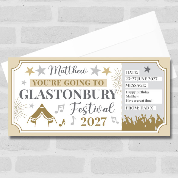 Glastonbury Festival Stars Gold Personalised Gift Voucher Surprise Ticket
