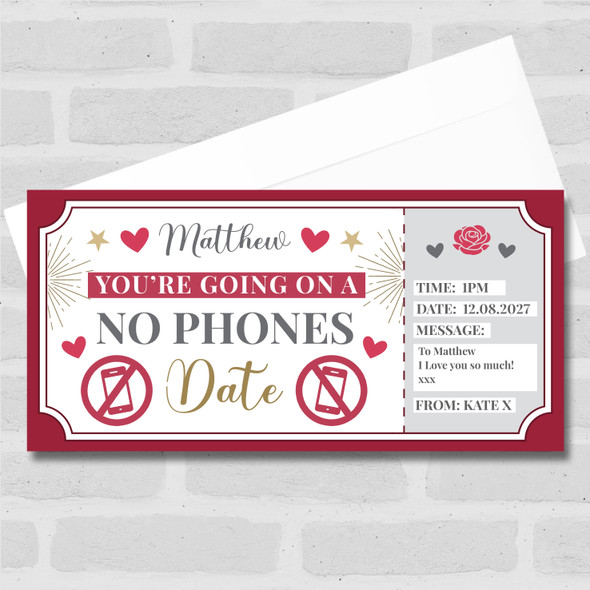 No Phones Date Hearts Red Personalised Gift Voucher Surprise Ticket