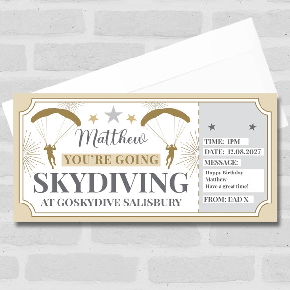 Skydiving Stars Gold Personalised Gift Voucher Surprise Ticket