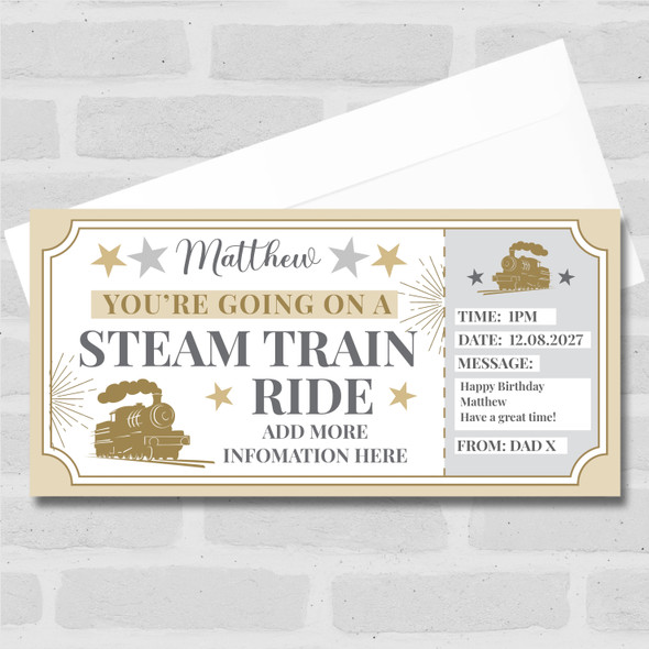 Steam Train Ride Stars Gold Personalised Gift Voucher Surprise Ticket