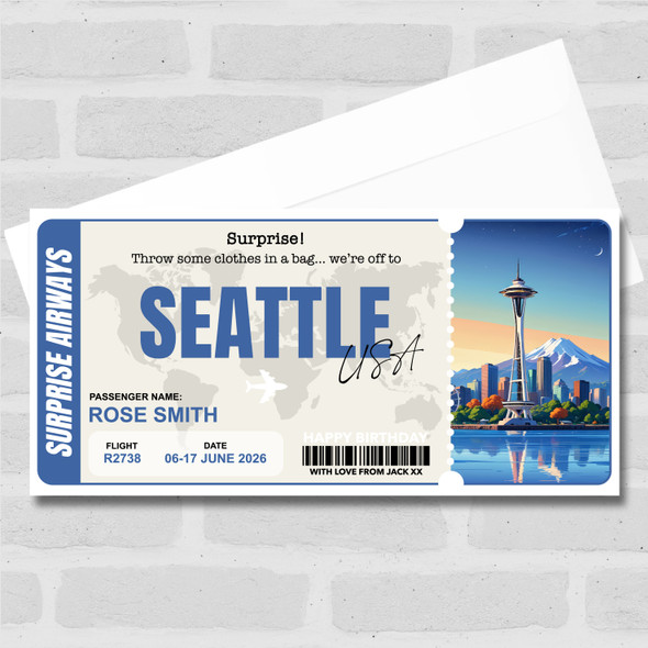 Seattle Boarding Pass Personalised Gift Voucher Surprise Trip Holiday Ticket