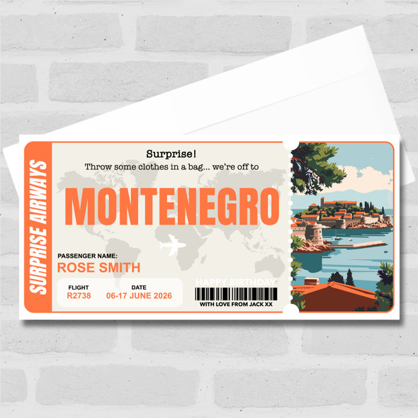 Montenegro Boarding Pass Personalised Gift Voucher Surprise Trip Holiday Ticket